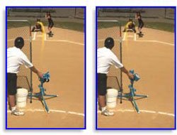 Pitching machine that throws left and right handed pitches